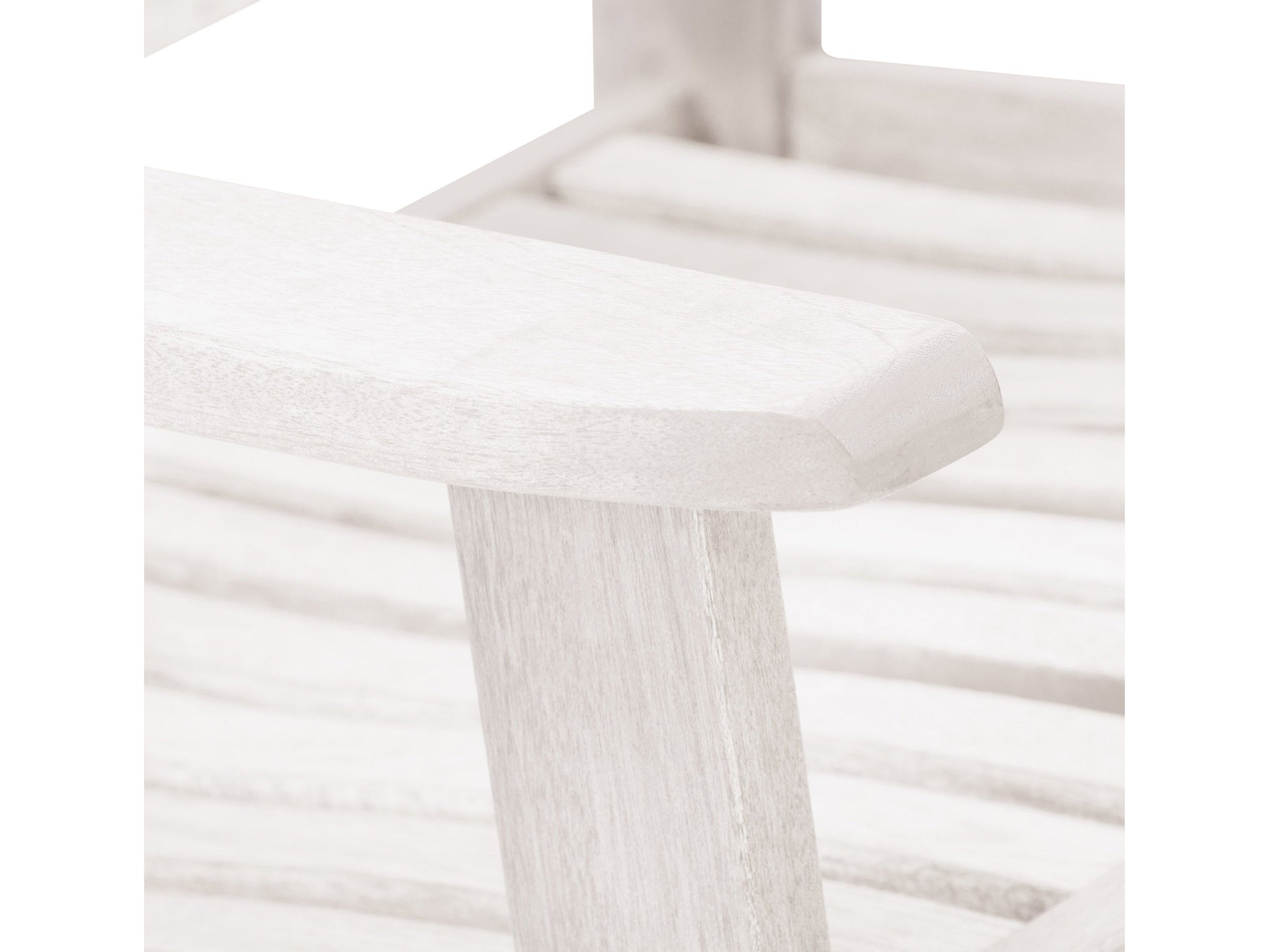 Washed white outdoor rocking chair with curved wooden slats, ergonomic armrests, and a weather-resistant finish perfect for patio relaxation.