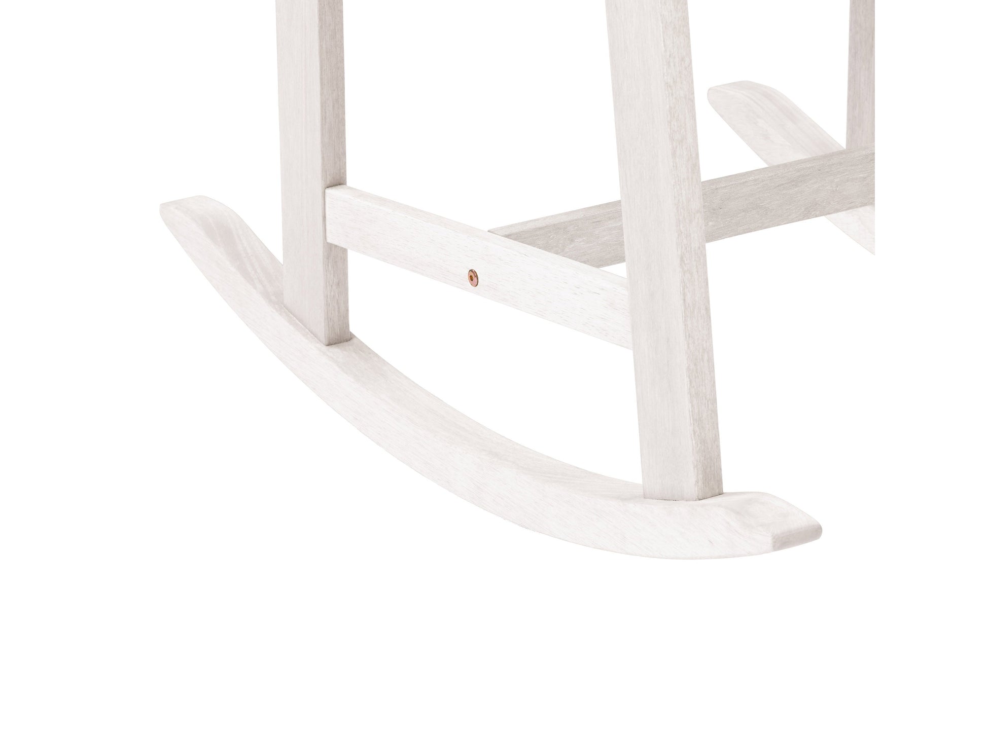 Washed white outdoor rocking chair with curved wooden slats, ergonomic armrests, and a weather-resistant finish perfect for patio relaxation.