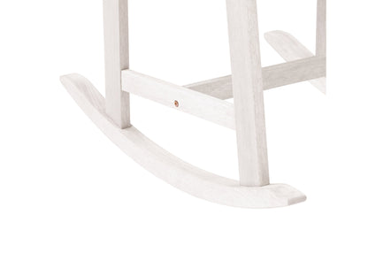 Washed white outdoor rocking chair with curved wooden slats, ergonomic armrests, and a weather-resistant finish perfect for patio relaxation.