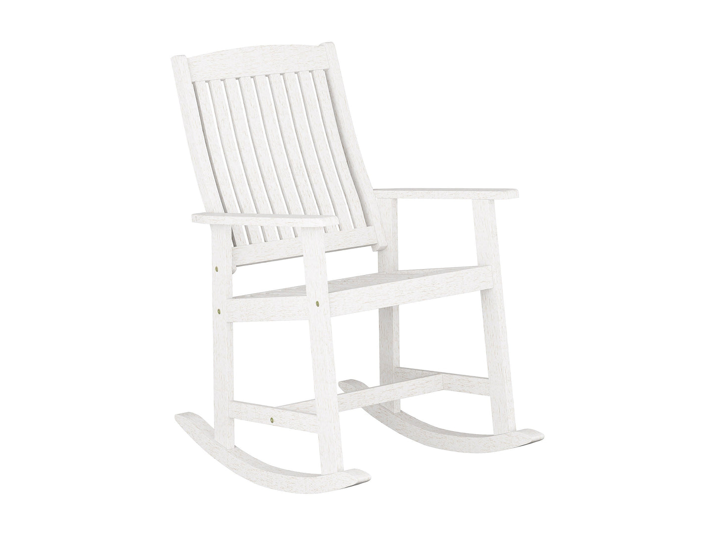 Washed white outdoor rocking chair with curved wooden slats, ergonomic armrests, and a weather-resistant finish perfect for patio relaxation.