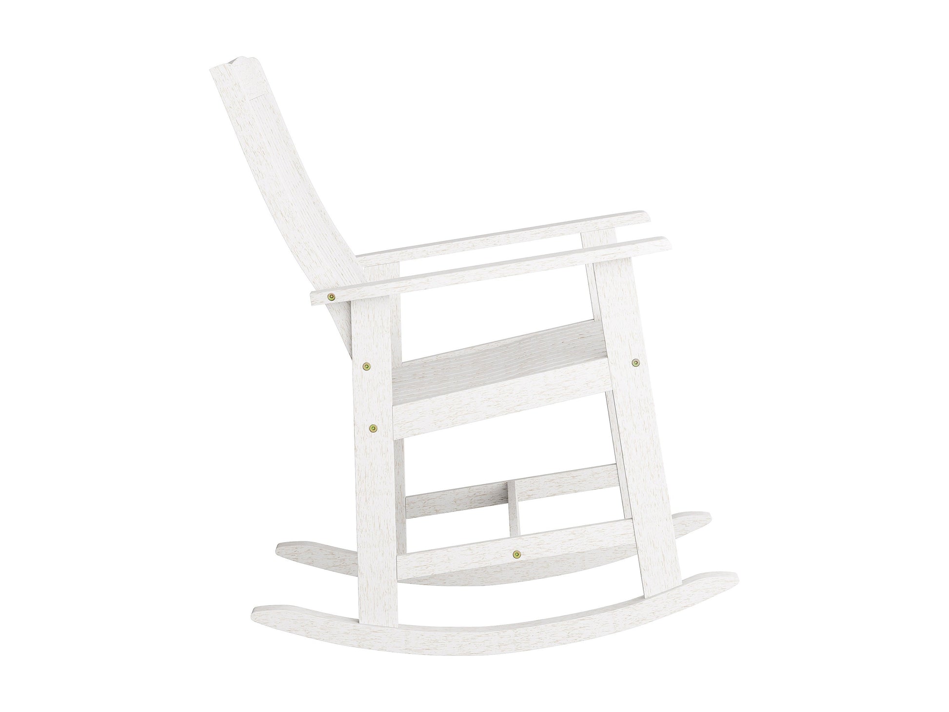 Washed white outdoor rocking chair with curved wooden slats, ergonomic armrests, and a weather-resistant finish perfect for patio relaxation.