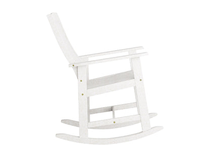 Washed white outdoor rocking chair with curved wooden slats, ergonomic armrests, and a weather-resistant finish perfect for patio relaxation.