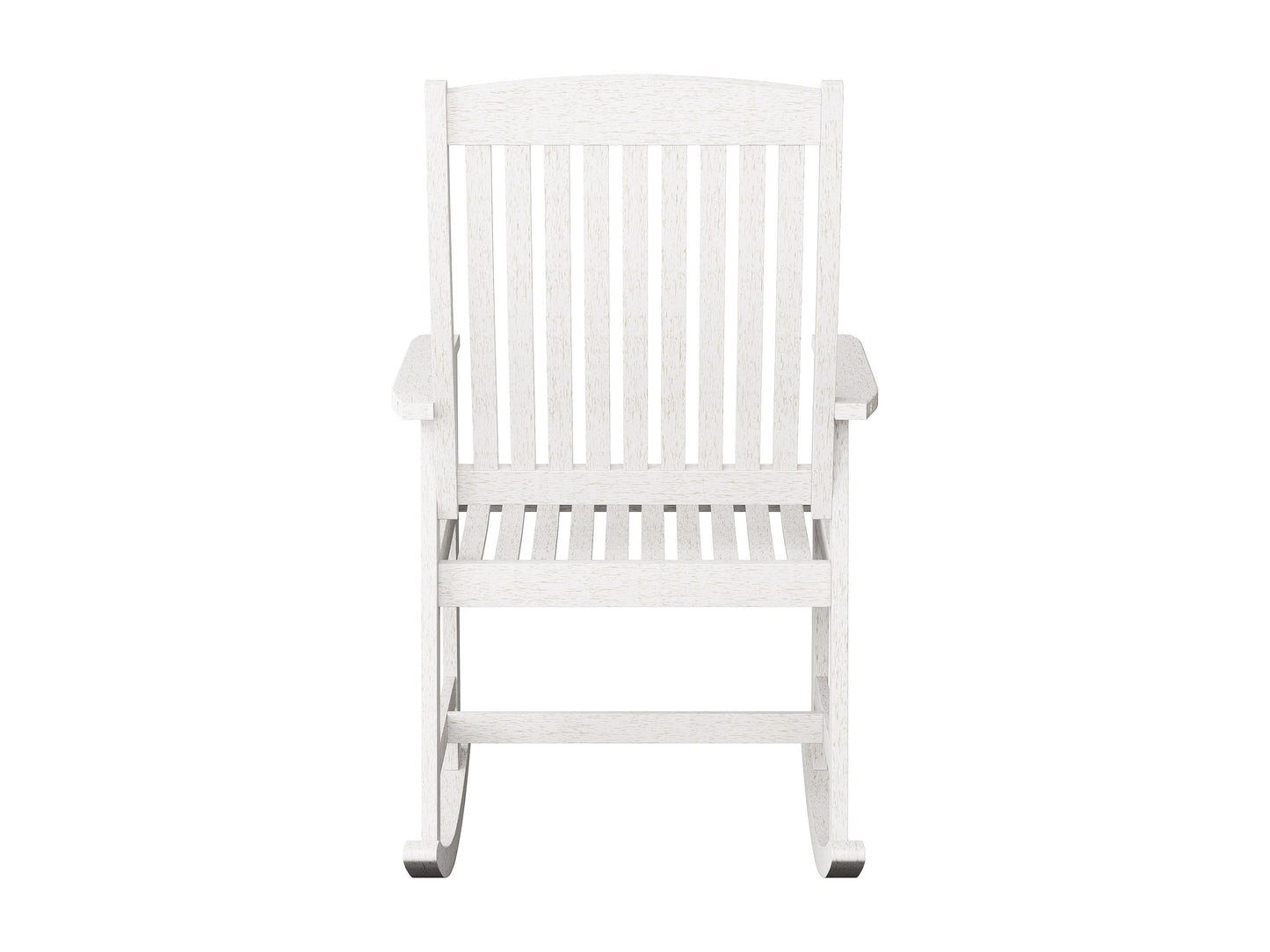 Washed white outdoor rocking chair with curved wooden slats, ergonomic armrests, and a weather-resistant finish perfect for patio relaxation.