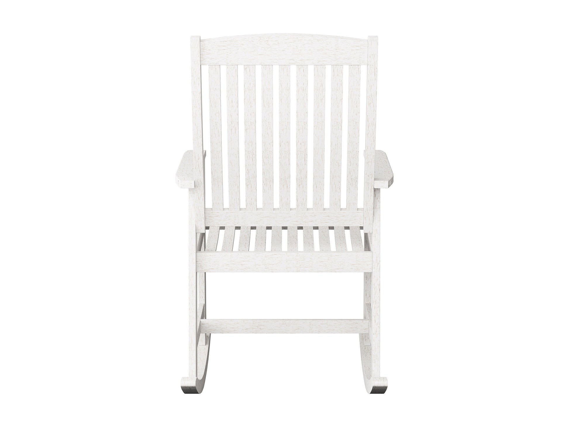 Washed white outdoor rocking chair with curved wooden slats, ergonomic armrests, and a weather-resistant finish perfect for patio relaxation.