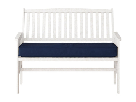 Washed white wood patio bench with backrest, featuring slatted seat and back, sturdy armrests, and weather-resistant finish, perfect for outdoor seating.