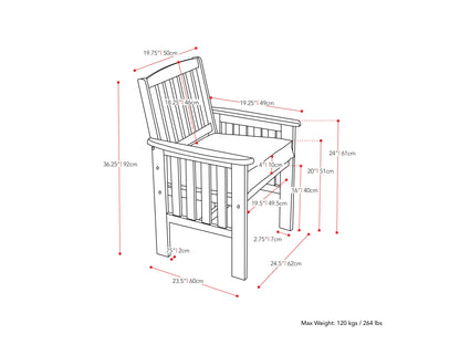 Washed white wooden patio armchair set of 2 with slatted backrest, natural wood grain texture, and sturdy armrests, perfect for outdoor seating and garden decor.