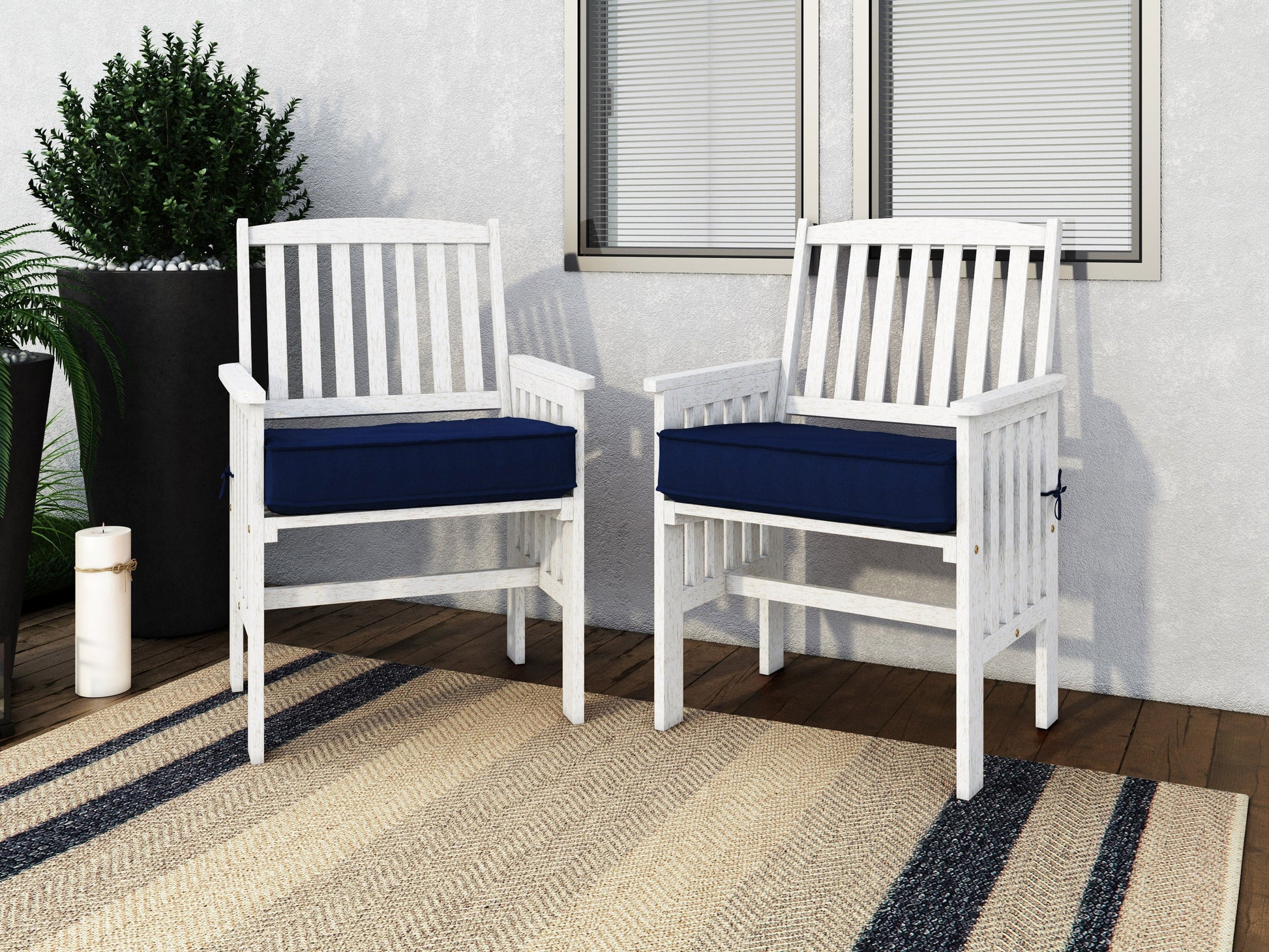 Washed white wooden patio armchair set of 2 with slatted backrest, natural wood grain texture, and sturdy armrests, perfect for outdoor seating and garden decor.