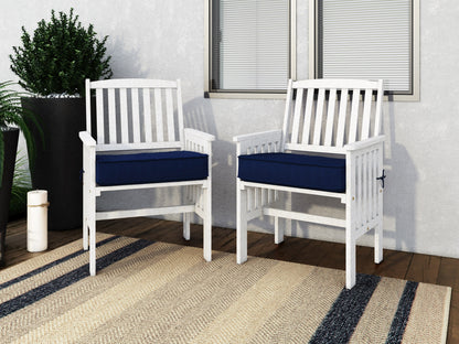 Washed white wooden patio armchair set of 2 with slatted backrest, natural wood grain texture, and sturdy armrests, perfect for outdoor seating and garden decor.