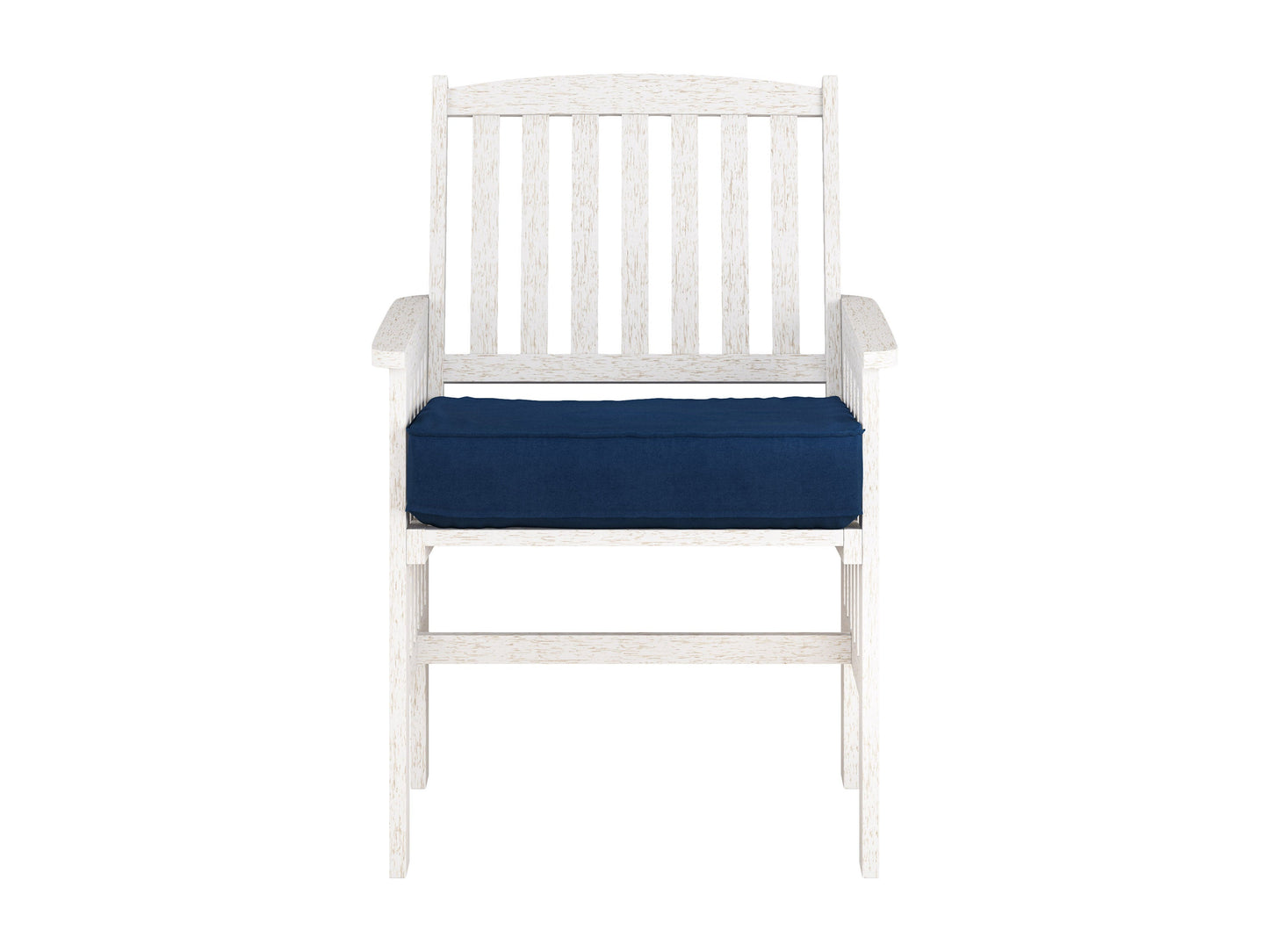 Washed white wooden patio armchair set of 2 with slatted backrest, natural wood grain texture, and sturdy armrests, perfect for outdoor seating and garden decor.