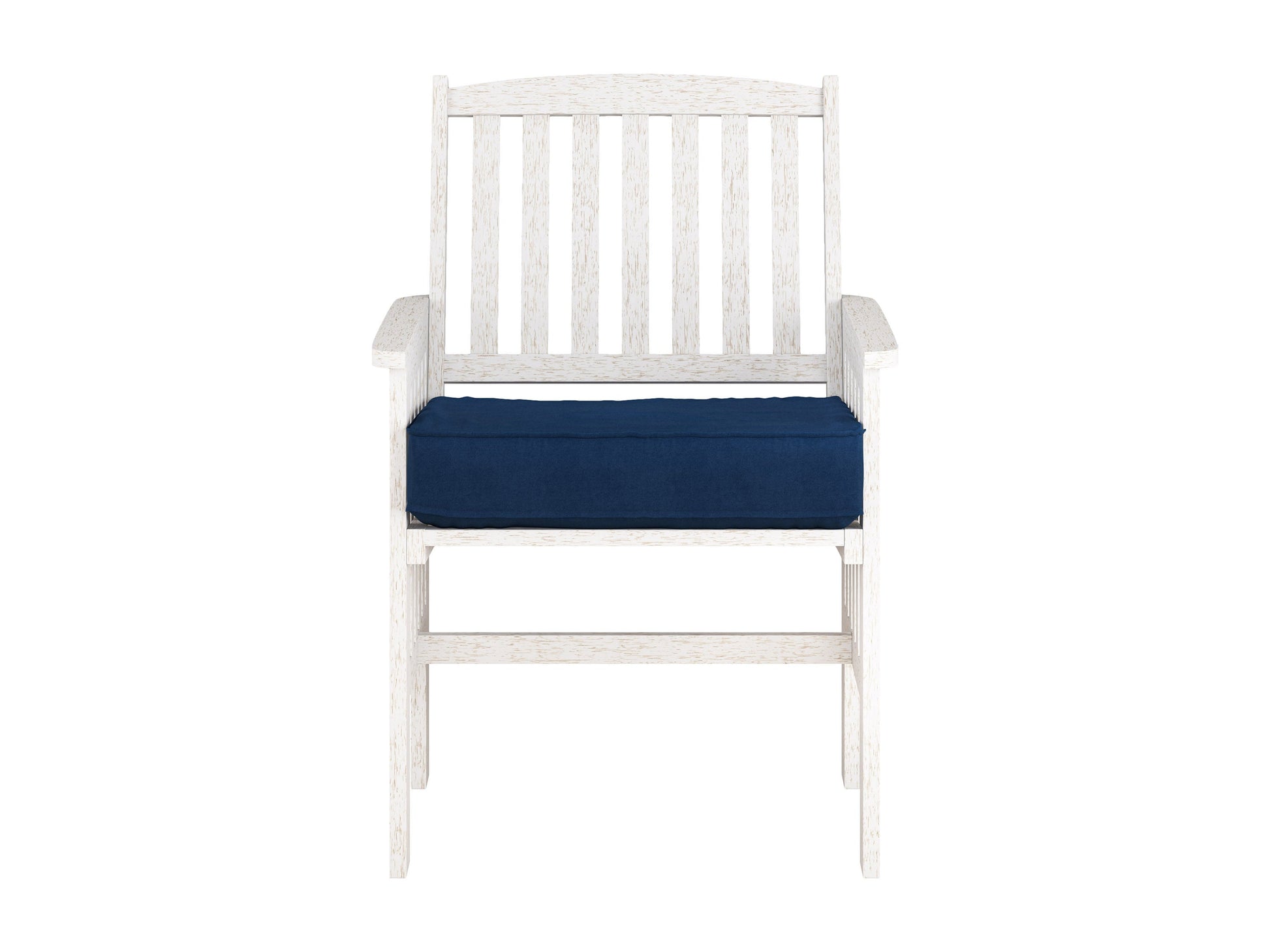 Washed white wooden patio armchair set of 2 with slatted backrest, natural wood grain texture, and sturdy armrests, perfect for outdoor seating and garden decor.