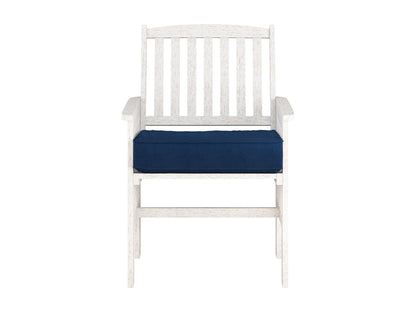 Washed white wooden patio armchair set of 2 with slatted backrest, natural wood grain texture, and sturdy armrests, perfect for outdoor seating and garden decor.