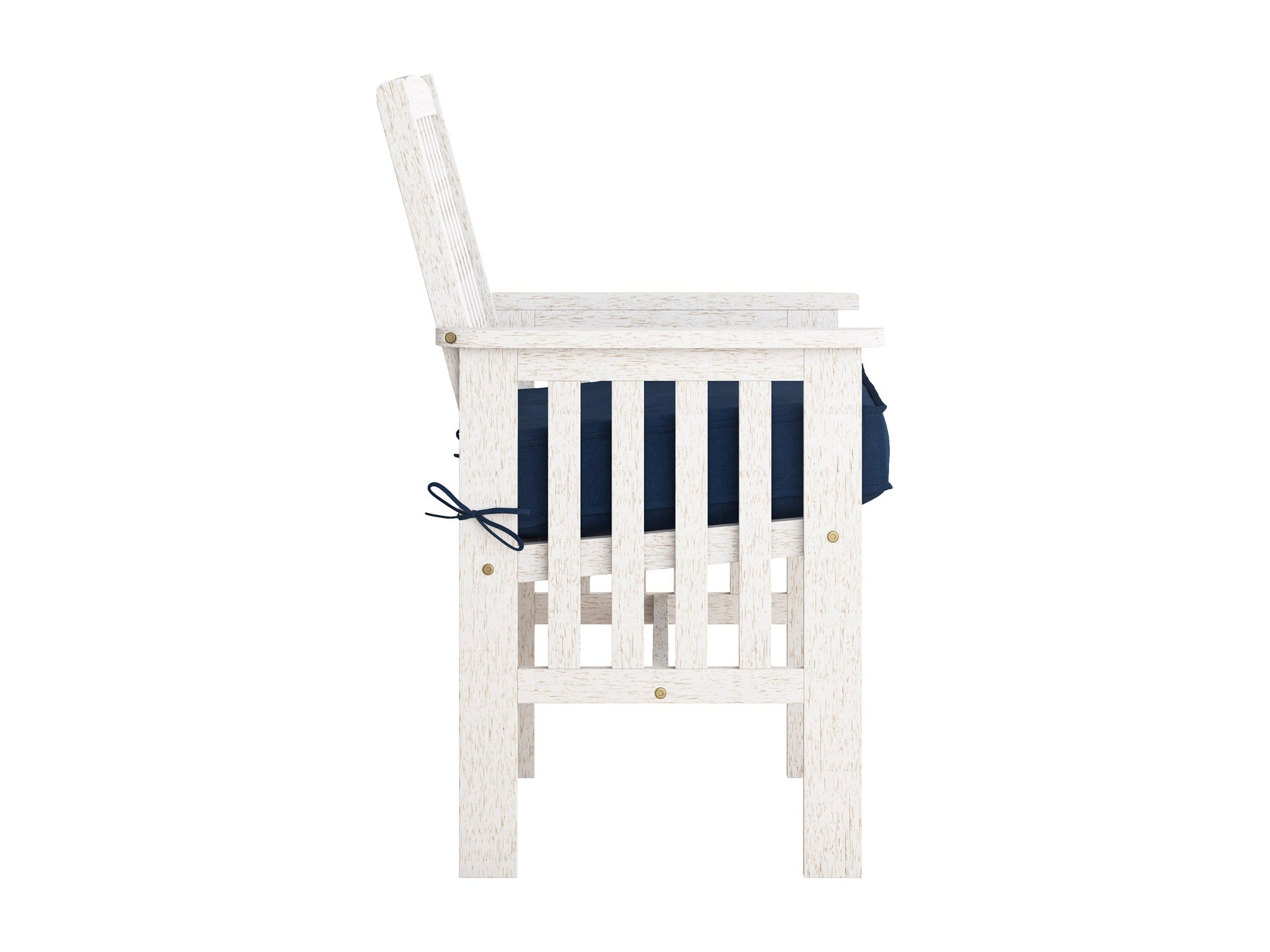 Washed white wooden patio armchair set of 2 with slatted backrest, natural wood grain texture, and sturdy armrests, perfect for outdoor seating and garden decor.