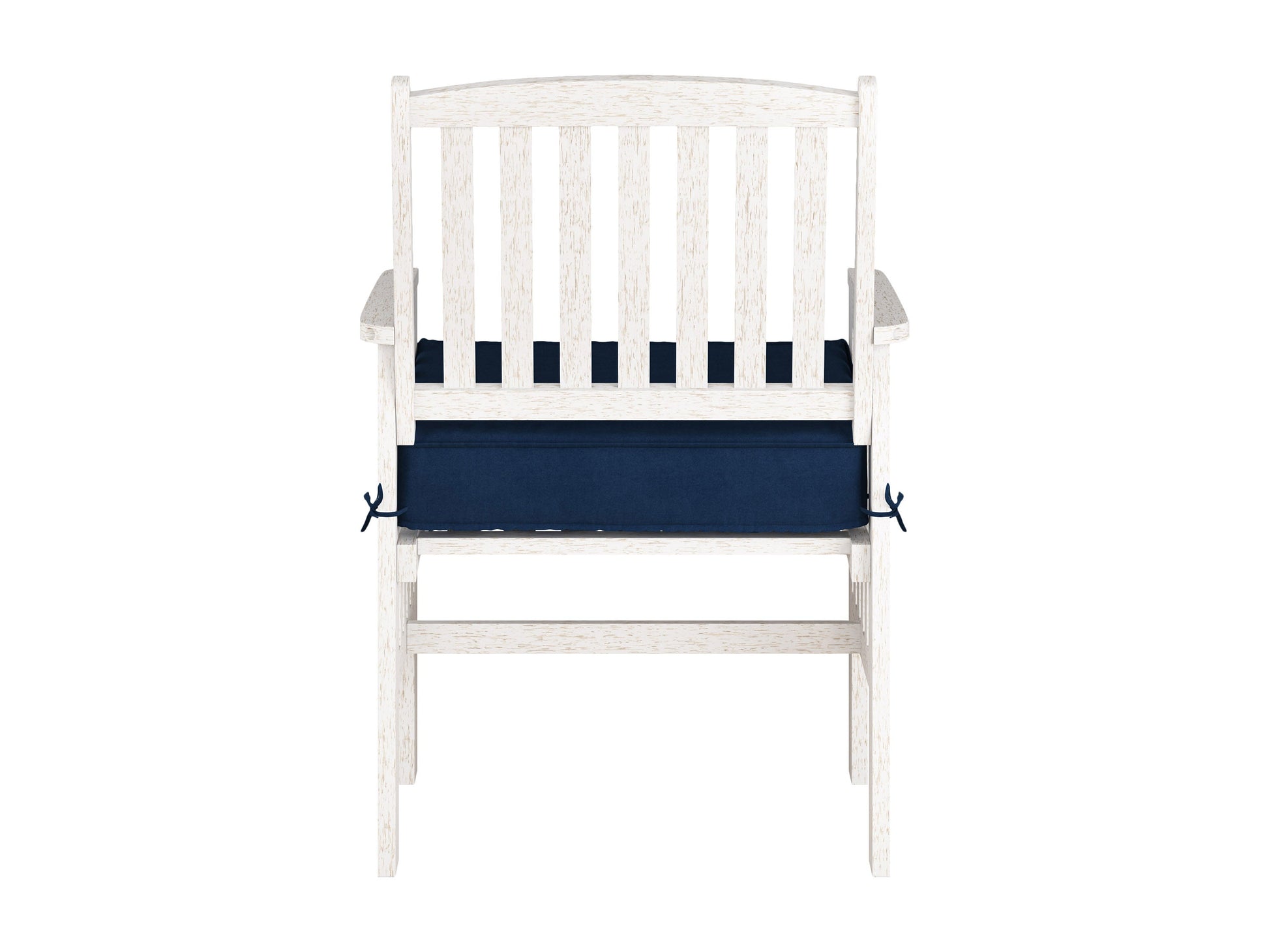 Washed white wooden patio armchair set of 2 with slatted backrest, natural wood grain texture, and sturdy armrests, perfect for outdoor seating and garden decor.