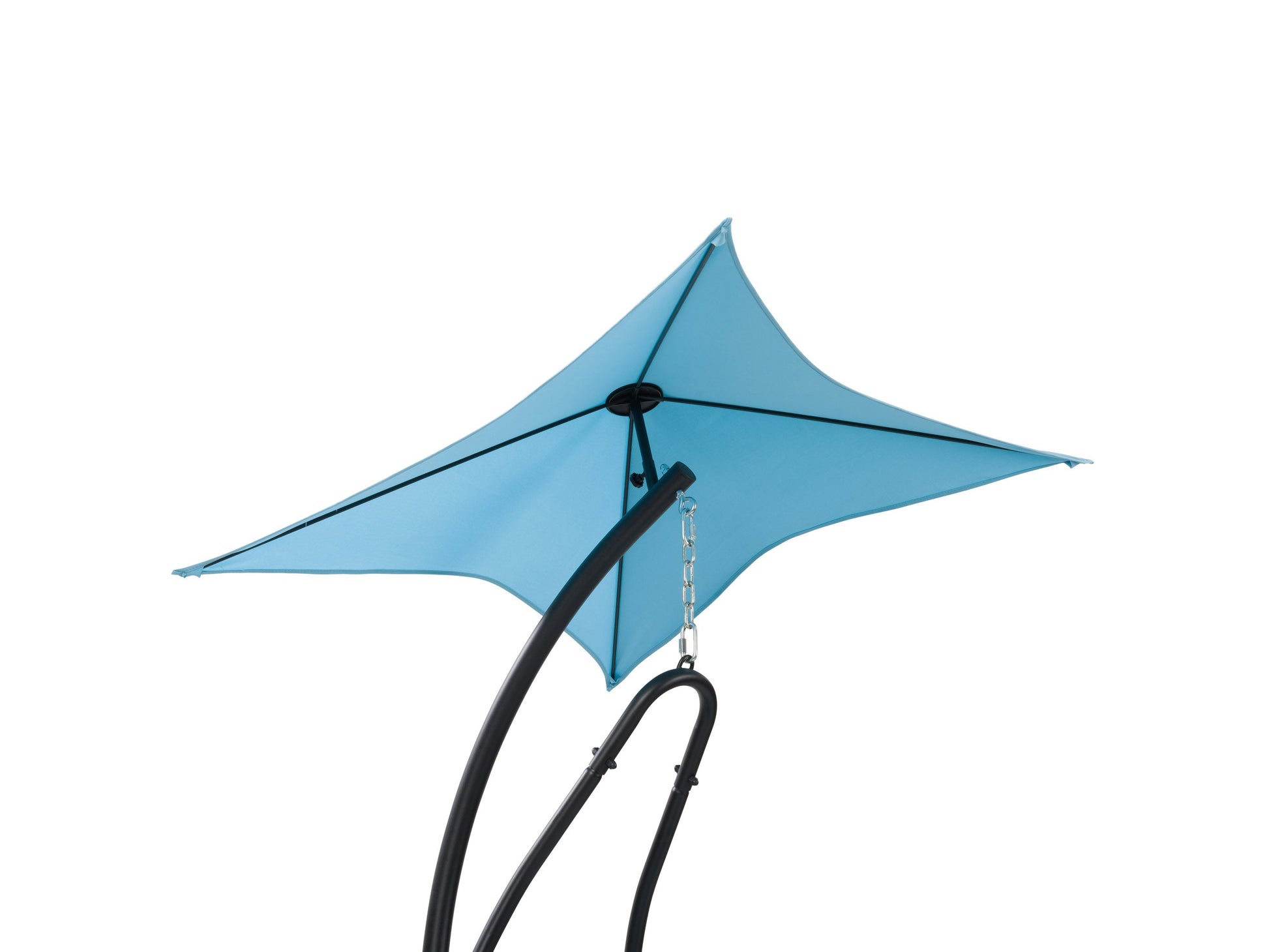 Light blue swing lounge chair with cushioned seat and backrest, sturdy metal frame, and weather-resistant fabric. Ideal for patios and outdoor relaxation.