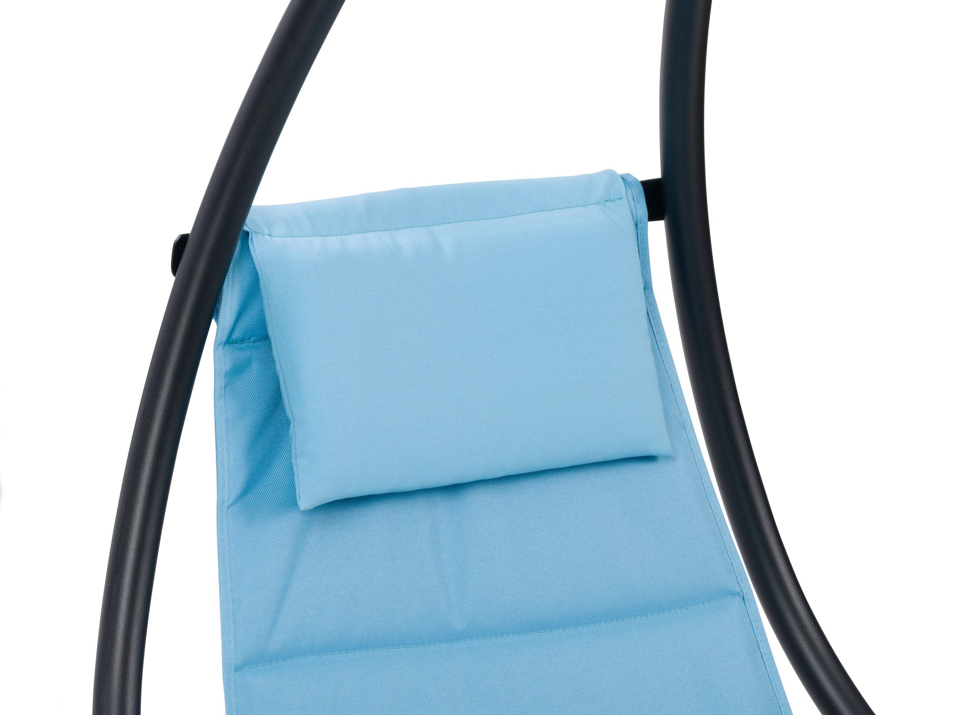 Light blue swing lounge chair with cushioned seat and backrest, sturdy metal frame, and weather-resistant fabric. Ideal for patios and outdoor relaxation.