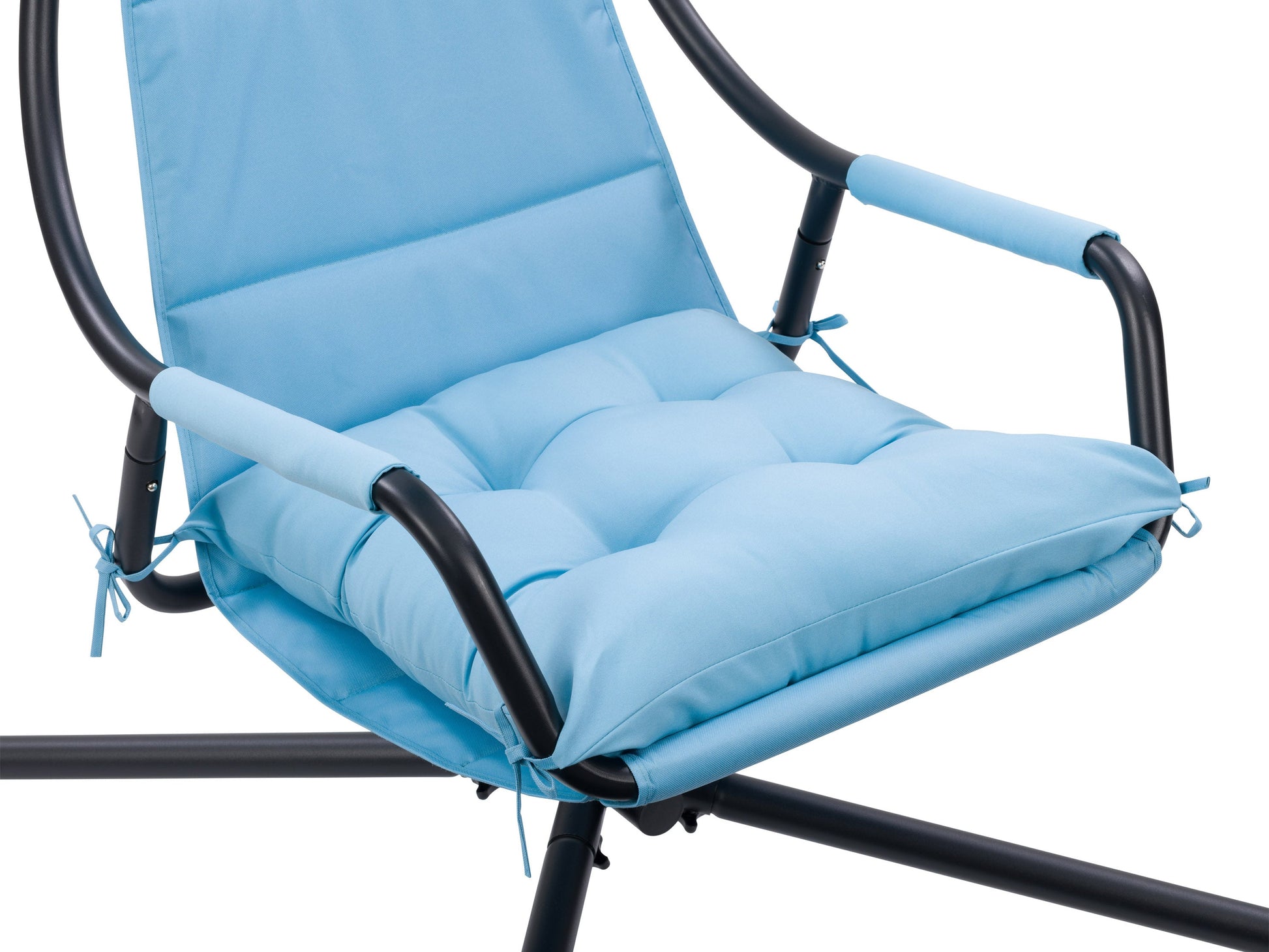 Light blue swing lounge chair with cushioned seat and backrest, sturdy metal frame, and weather-resistant fabric. Ideal for patios and outdoor relaxation.