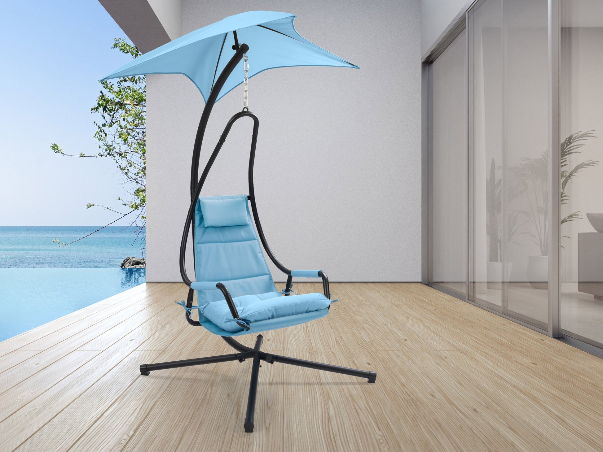 Light blue swing lounge chair with cushioned seat and backrest, sturdy metal frame, and weather-resistant fabric. Ideal for patios and outdoor relaxation.