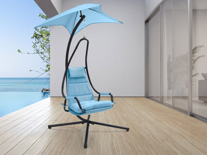 Light blue swing lounge chair with cushioned seat and backrest, sturdy metal frame, and weather-resistant fabric. Ideal for patios and outdoor relaxation.