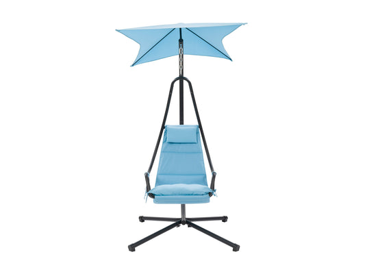 Light blue swing lounge chair with cushioned seat and backrest, sturdy metal frame, and weather-resistant fabric. Ideal for patios and outdoor relaxation.
