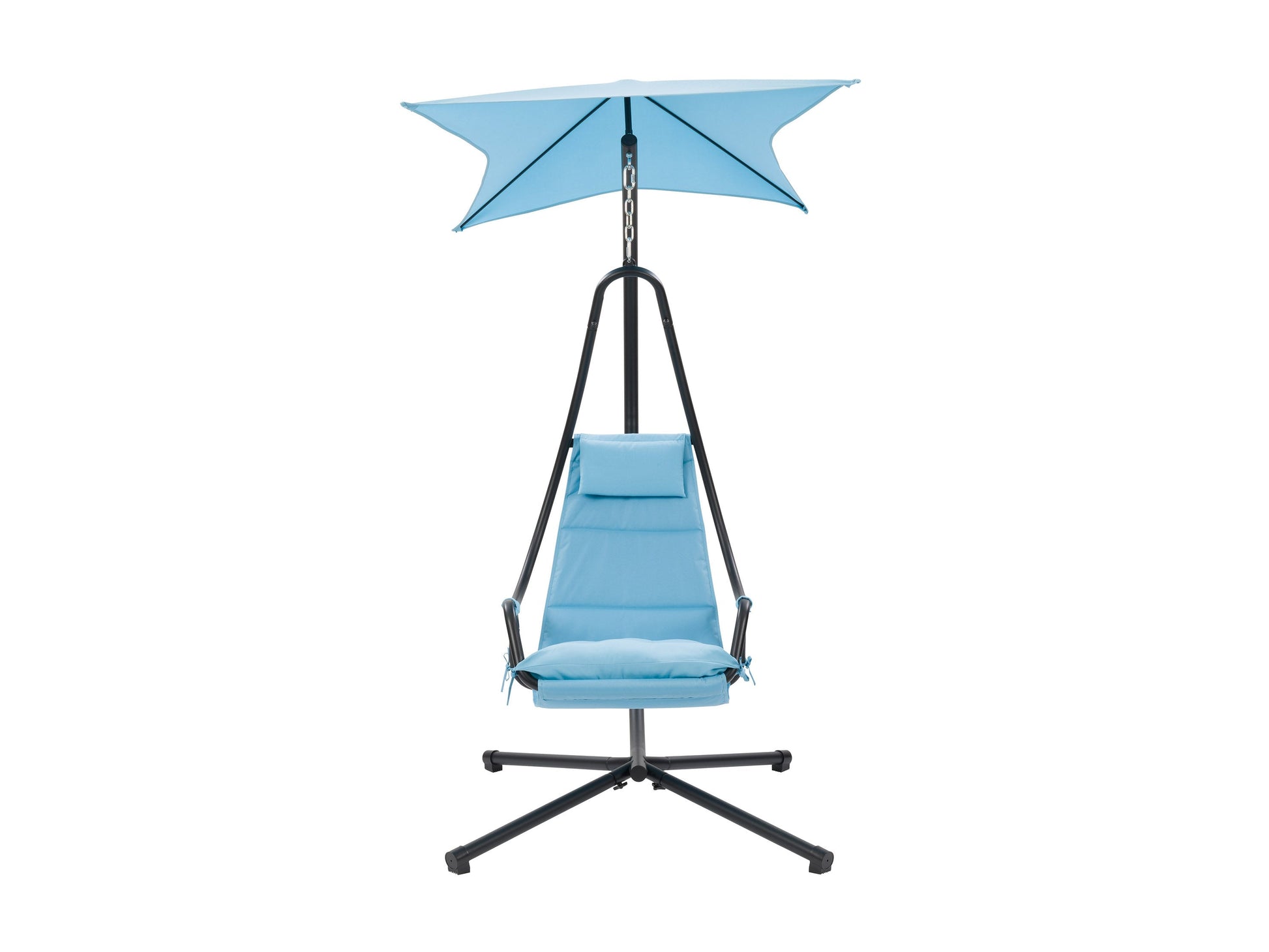 Light blue swing lounge chair with cushioned seat and backrest, sturdy metal frame, and weather-resistant fabric. Ideal for patios and outdoor relaxation.