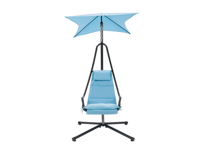 Light blue swing lounge chair with cushioned seat and backrest, sturdy metal frame, and weather-resistant fabric. Ideal for patios and outdoor relaxation.