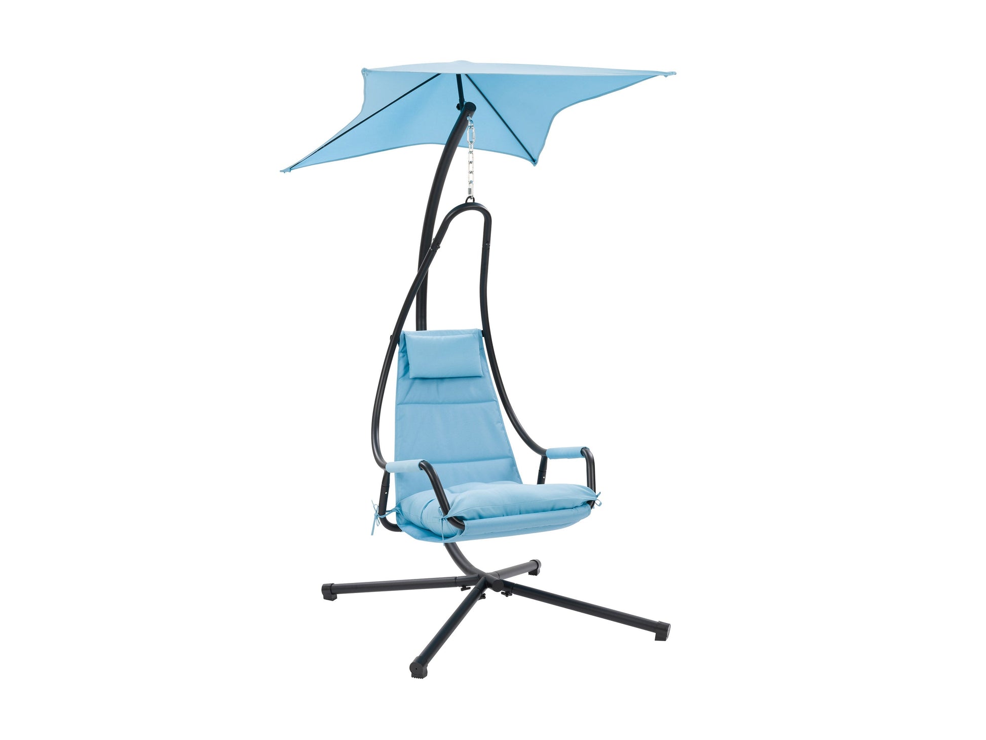 Light blue swing lounge chair with cushioned seat and backrest, sturdy metal frame, and weather-resistant fabric. Ideal for patios and outdoor relaxation.