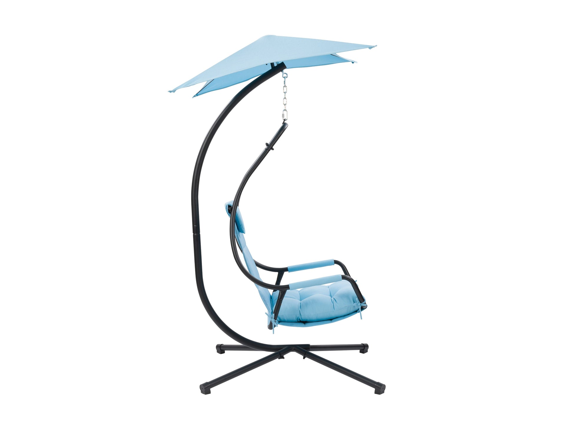 Light blue swing lounge chair with cushioned seat and backrest, sturdy metal frame, and weather-resistant fabric. Ideal for patios and outdoor relaxation.