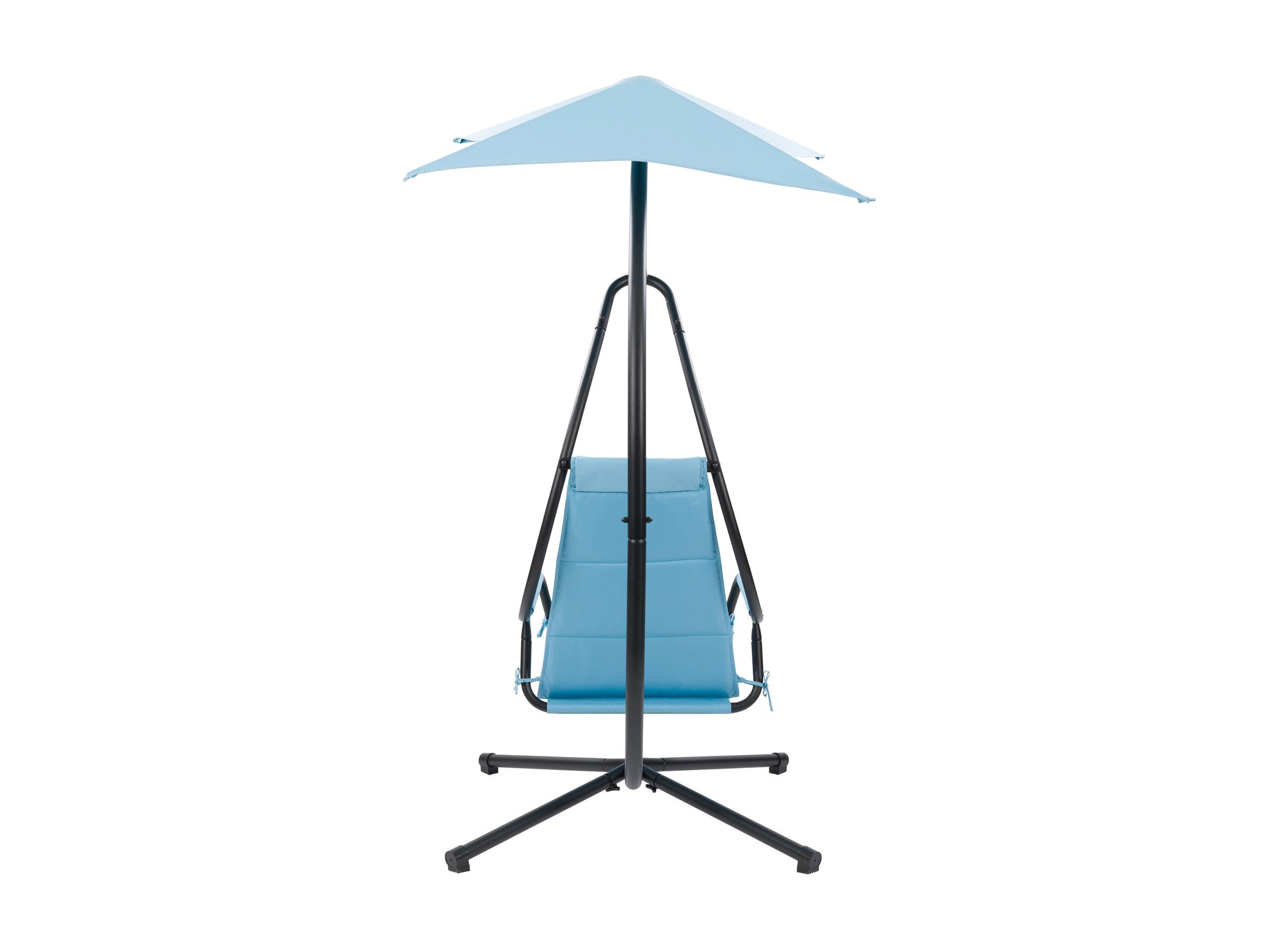 Light blue swing lounge chair with cushioned seat and backrest, sturdy metal frame, and weather-resistant fabric. Ideal for patios and outdoor relaxation.