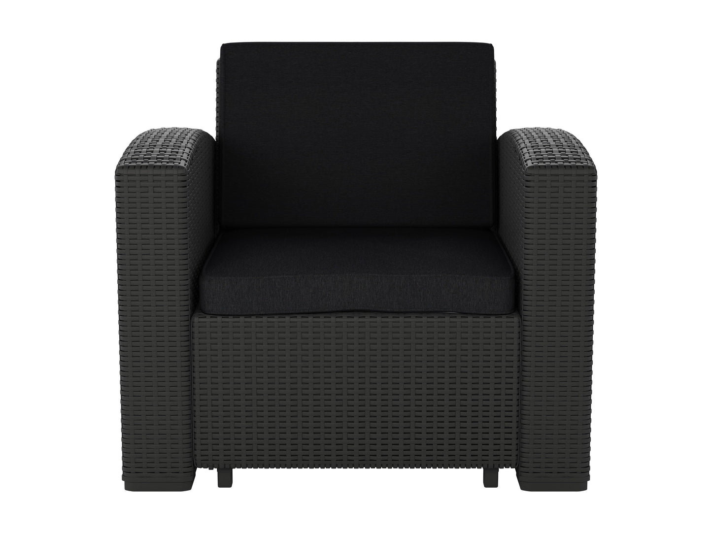 Black outdoor patio chair with sleek aluminum frame, weather-resistant mesh seat and back, ergonomic armrests, and modern minimalist design, perfect for garden or balcony use.