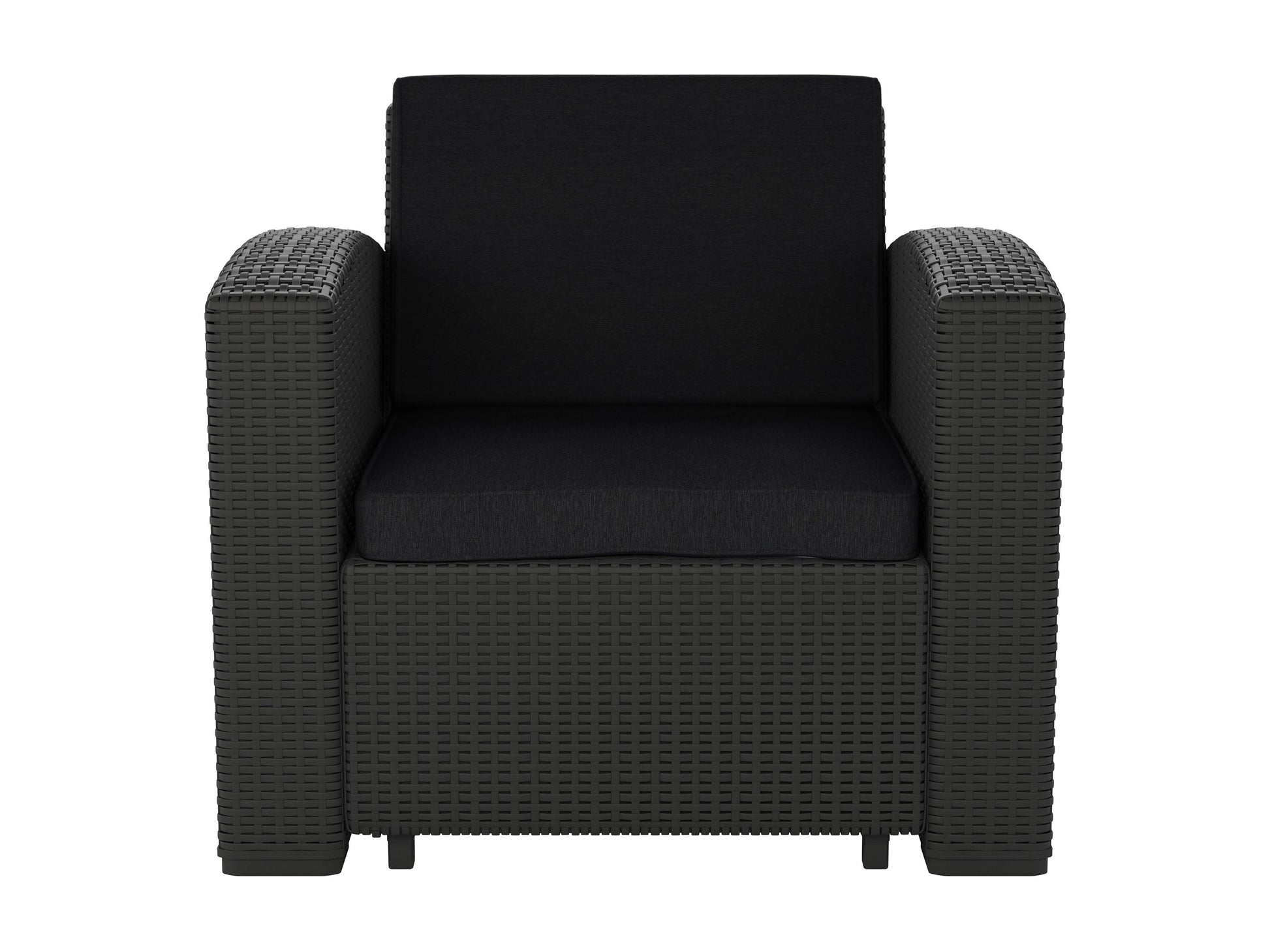 Black outdoor patio chair with sleek aluminum frame, weather-resistant mesh seat and back, ergonomic armrests, and modern minimalist design, perfect for garden or balcony use.