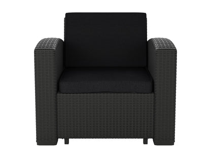 Black outdoor patio chair with sleek aluminum frame, weather-resistant mesh seat and back, ergonomic armrests, and modern minimalist design, perfect for garden or balcony use.