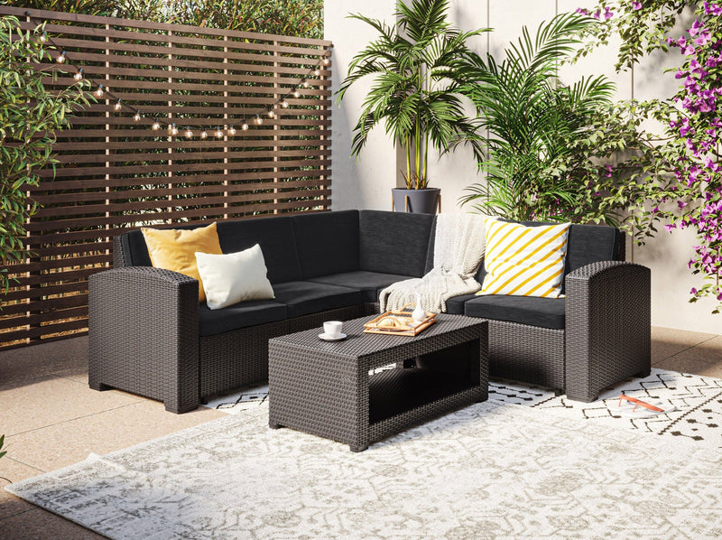black Outdoor Wicker Sectional Set, 6pc Lake Front Collection lifestyle scene by CorLiving