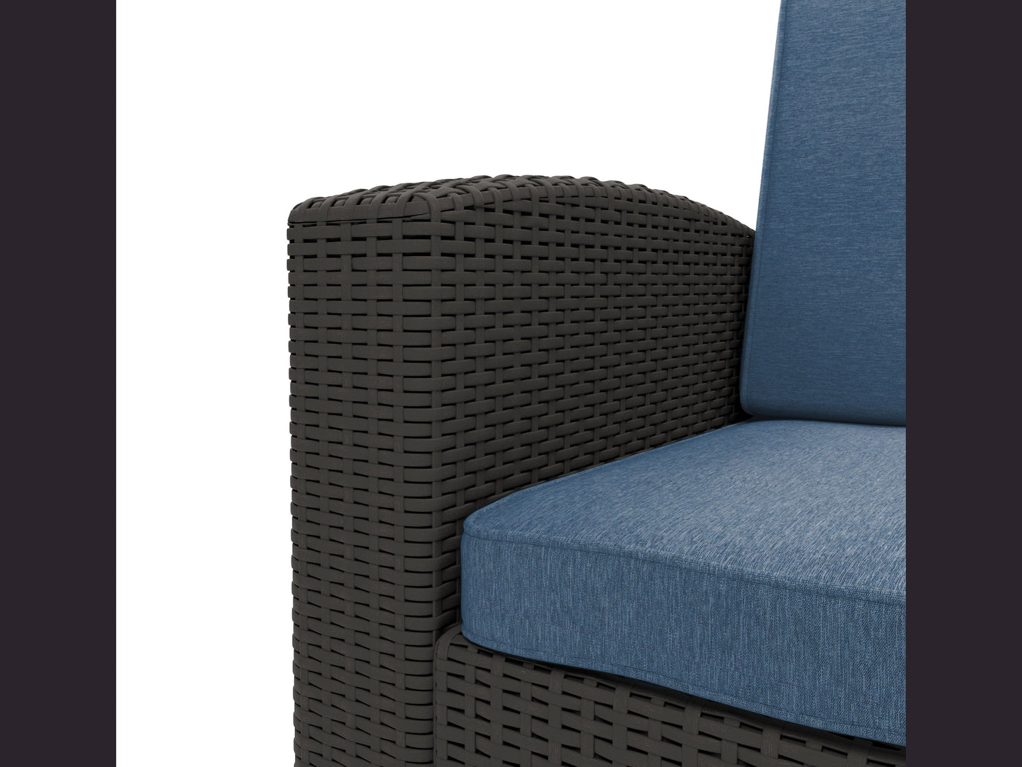 Blue outdoor patio chair with cushioned seat and backrest, featuring a sturdy metal frame and armrests, perfect for garden or balcony relaxation.