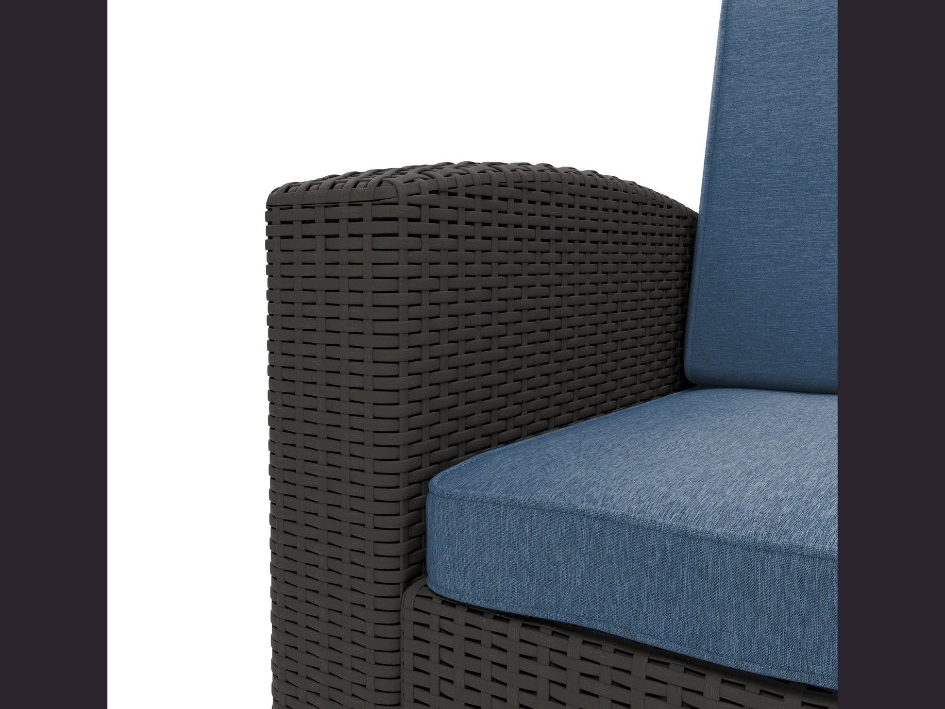 Blue outdoor patio chair with cushioned seat and backrest, featuring a sturdy metal frame and armrests, perfect for garden or balcony relaxation.