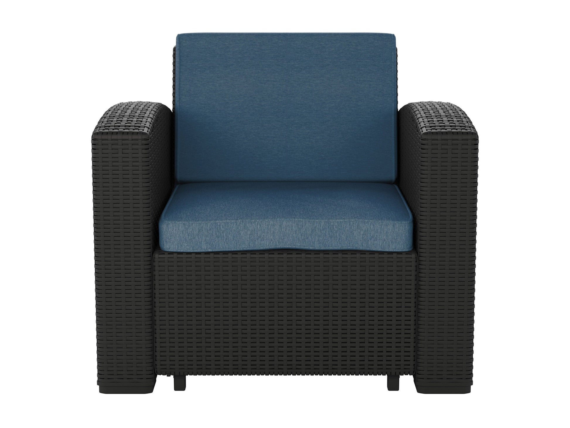 Blue outdoor patio chair with cushioned seat and backrest, featuring a sturdy metal frame and armrests, perfect for garden or balcony relaxation.