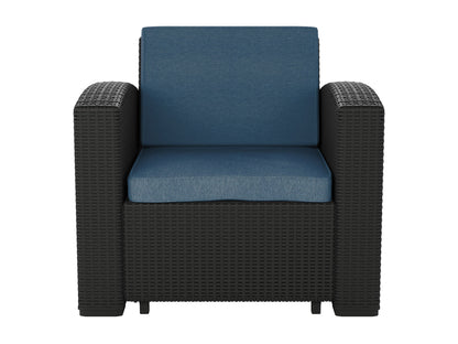 Blue outdoor patio chair with cushioned seat and backrest, featuring a sturdy metal frame and armrests, perfect for garden or balcony relaxation.