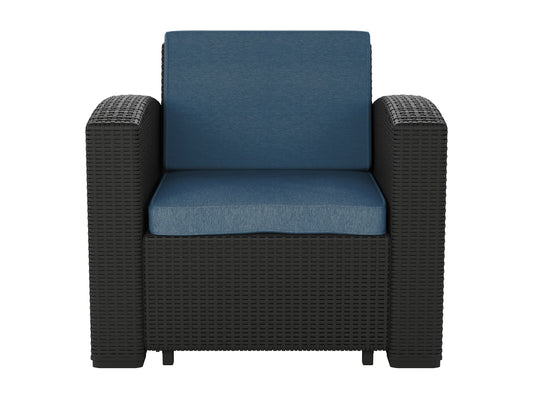 Blue outdoor patio chair with cushioned seat and backrest, featuring a sturdy metal frame and armrests, perfect for garden or balcony relaxation.