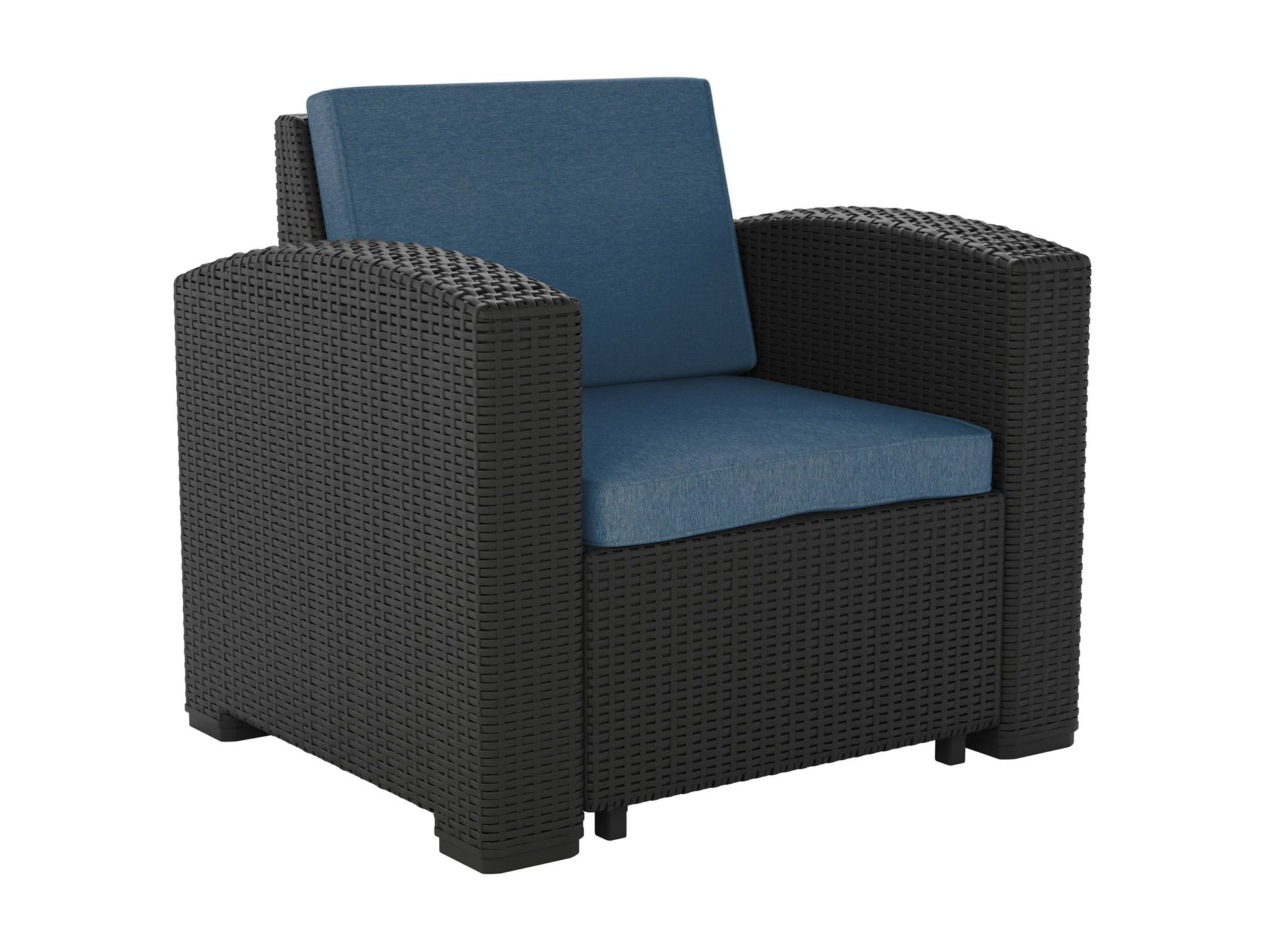 Blue outdoor patio chair with cushioned seat and backrest, featuring a sturdy metal frame and armrests, perfect for garden or balcony relaxation.
