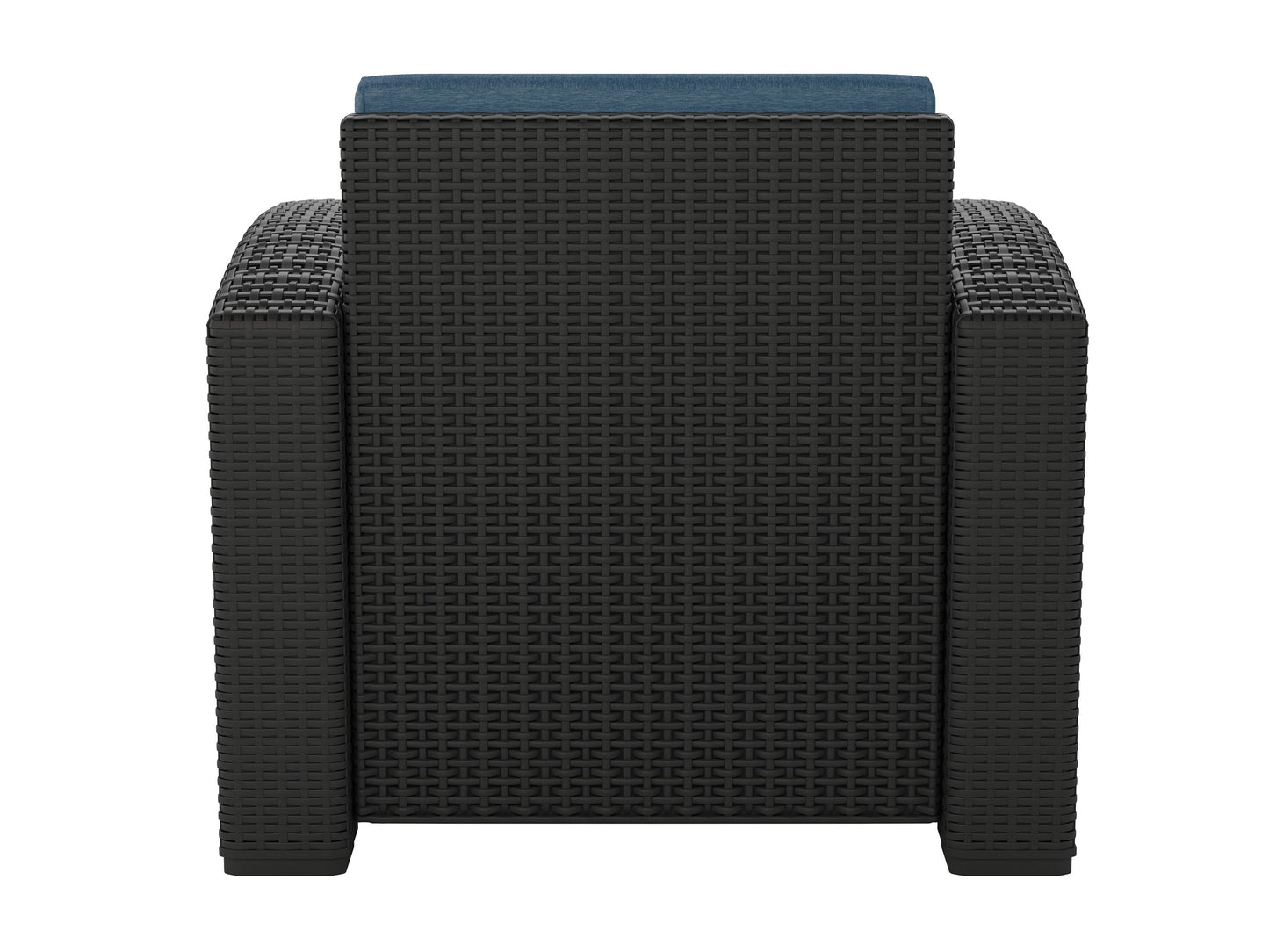 Blue outdoor patio chair with cushioned seat and backrest, featuring a sturdy metal frame and armrests, perfect for garden or balcony relaxation.