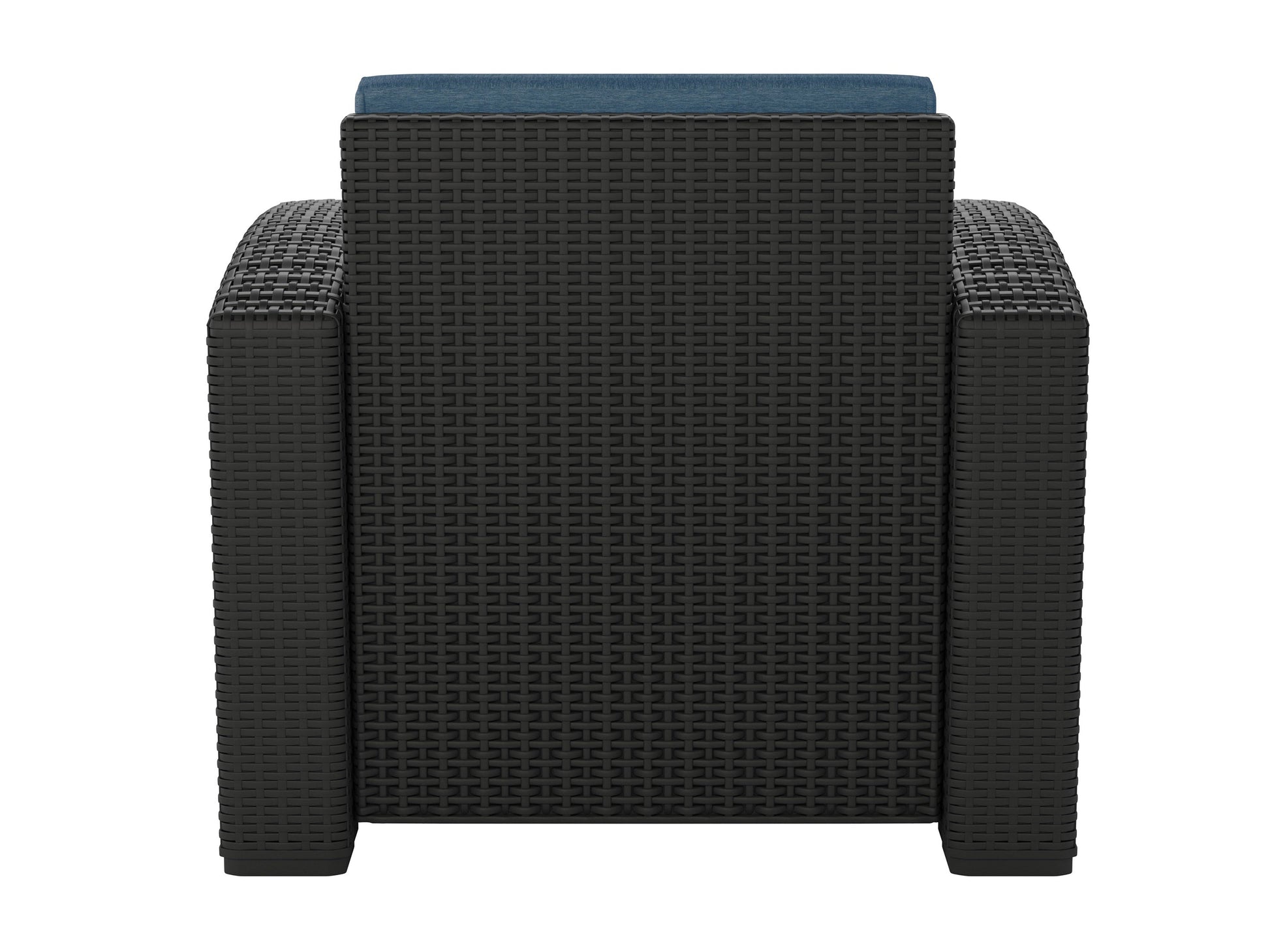 Blue outdoor patio chair with cushioned seat and backrest, featuring a sturdy metal frame and armrests, perfect for garden or balcony relaxation.