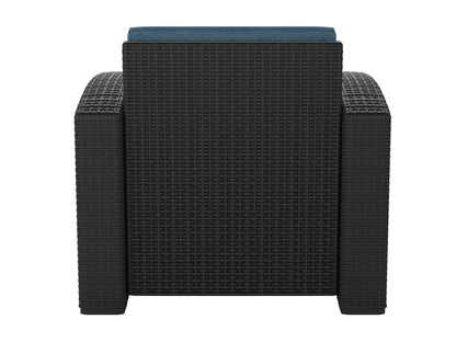 Blue outdoor patio chair with cushioned seat and backrest, featuring a sturdy metal frame and armrests, perfect for garden or balcony relaxation.