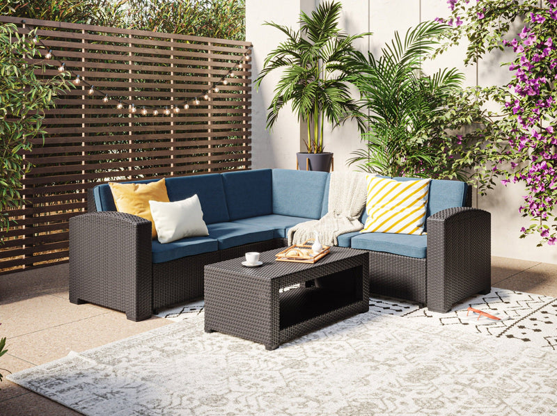 black and blue Outdoor Wicker Sectional Set, 6pc Lake Front Collection lifestyle scene by CorLiving