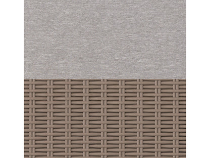 Beige 5-piece patio conversation set with cushioned seats, rattan wicker frame, glass-top coffee table, and weather-resistant materials for outdoor use.