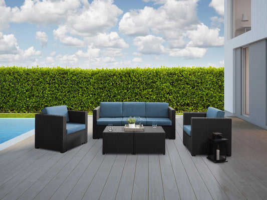 5-piece patio conversation set with black metal frame, blue cushioned chairs, and a matching coffee table featuring a tempered glass top, perfect for outdoor lounging and entertaining.