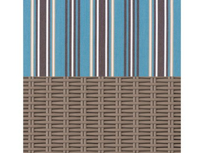 Blue and brown striped patio recliner and ottoman set, 5-piece conversation set, weather-resistant wicker, plush cushions, modern design, perfect for outdoor lounging and relaxation.