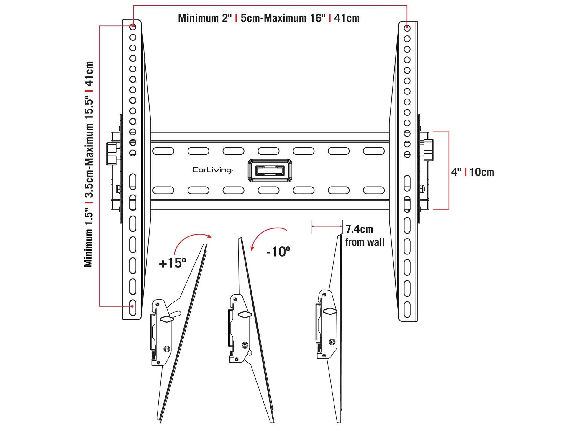 Tilting TV wall mount for 26" - 65" TVs, black metal bracket with adjustable angles, sturdy construction, easy installation, and secure hold for flat-screen televisions.