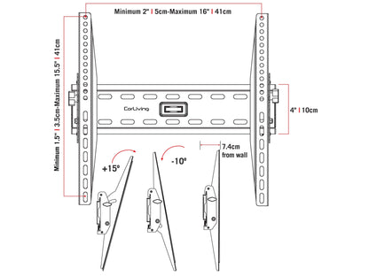 Tilting TV wall mount for 26" - 65" TVs, black metal bracket with adjustable angles, sturdy construction, easy installation, and secure hold for flat-screen televisions.
