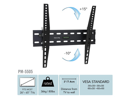 Tilting TV wall mount for 26"-65" TVs, black finish, sturdy steel construction, easy installation, adjustable tilt angles for optimal viewing, sleek design, compatible with most TV brands.