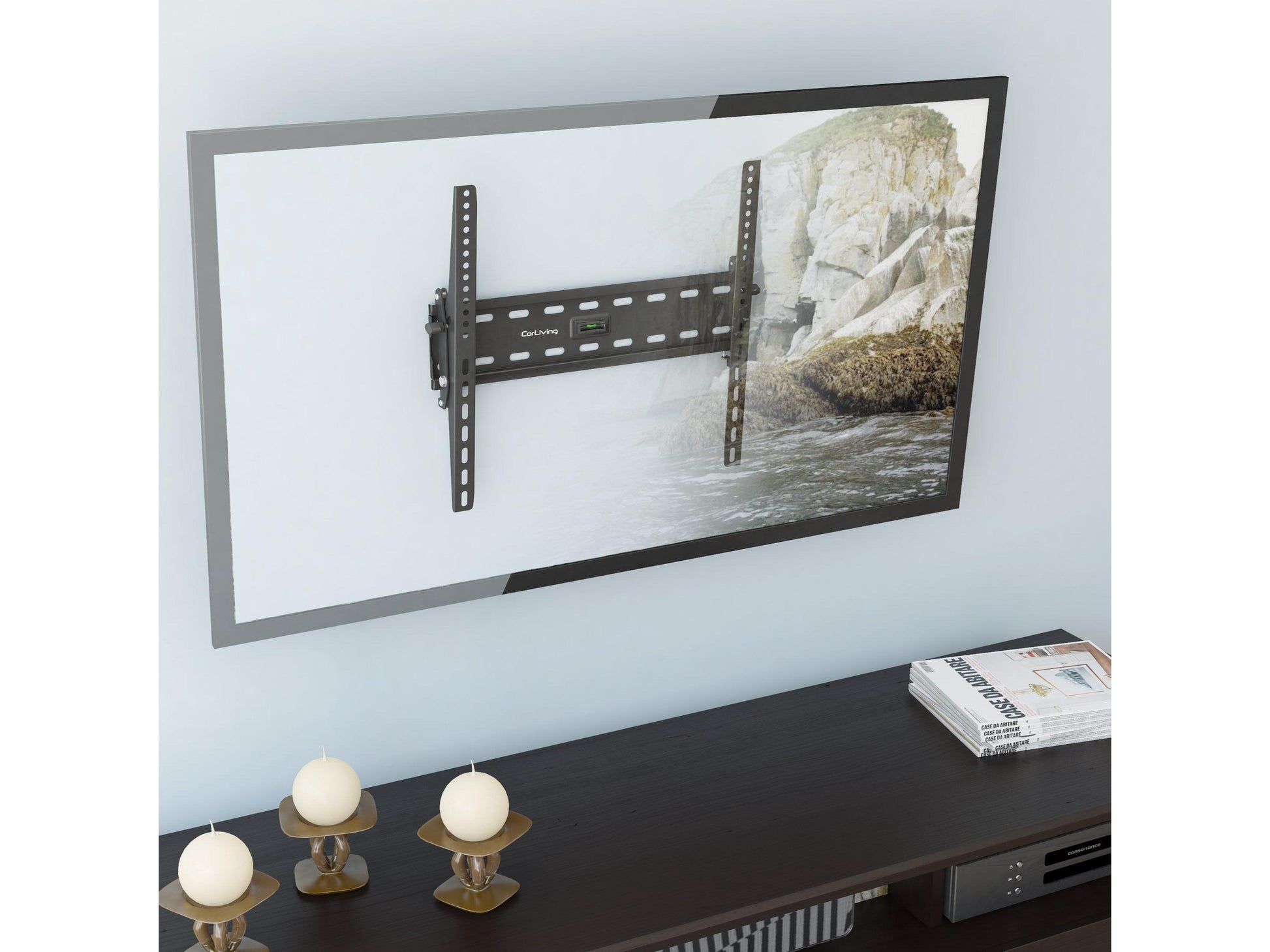 Tilting TV wall mount for 26" - 65" TVs, black metal construction, adjustable angles, secure and space-saving design, compatible with flat-screen TVs, easy installation with included hardware.
