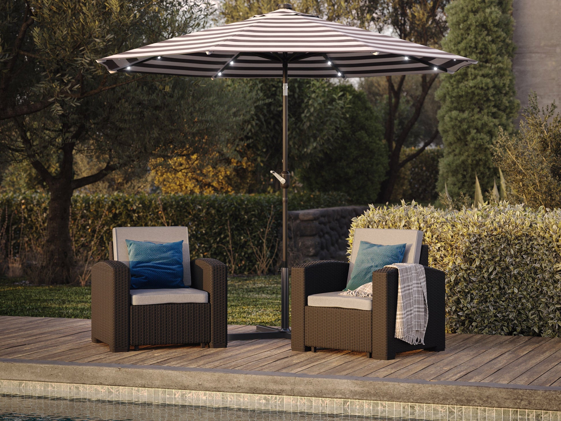 black patio umbrella canada 9ft Striped White And Black Patio Umbrella with Lights